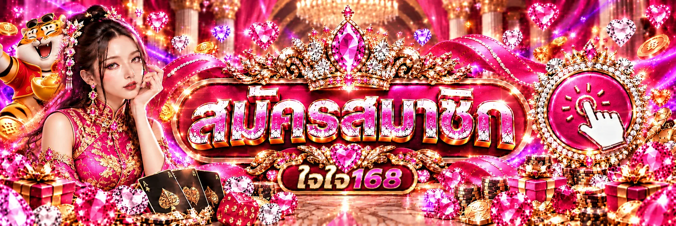 ภาพทางเข้าสู่ระบบใจใจ168 พร้อมโลโก้แบรนด์และอัญมณีสีชมพู
